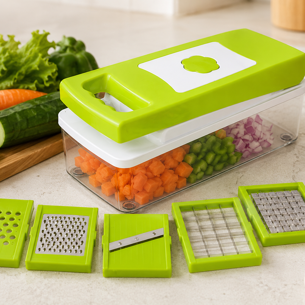 A bright green and clear manual vegetable chopper set displayed on a kitchen counter with fresh vegetables including carrots, cucumber, lettuce, garlic, and an onion, alongside chopped produce output and interchangeable blade attachments.