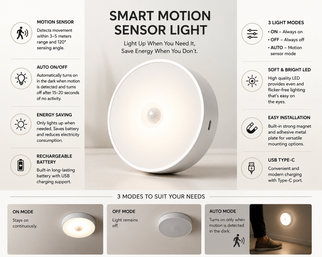 Rechargeable Motion Sensor LED Night Light – Magnetic Wireless Wall Lamp