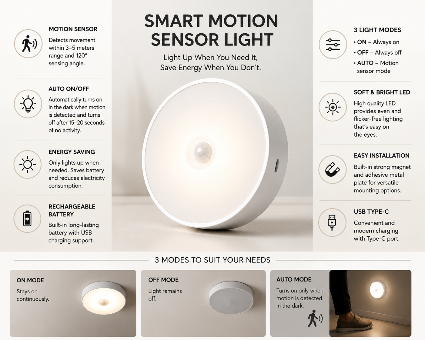 Rechargeable Motion Sensor LED Night Light – Magnetic Wireless Wall Lamp