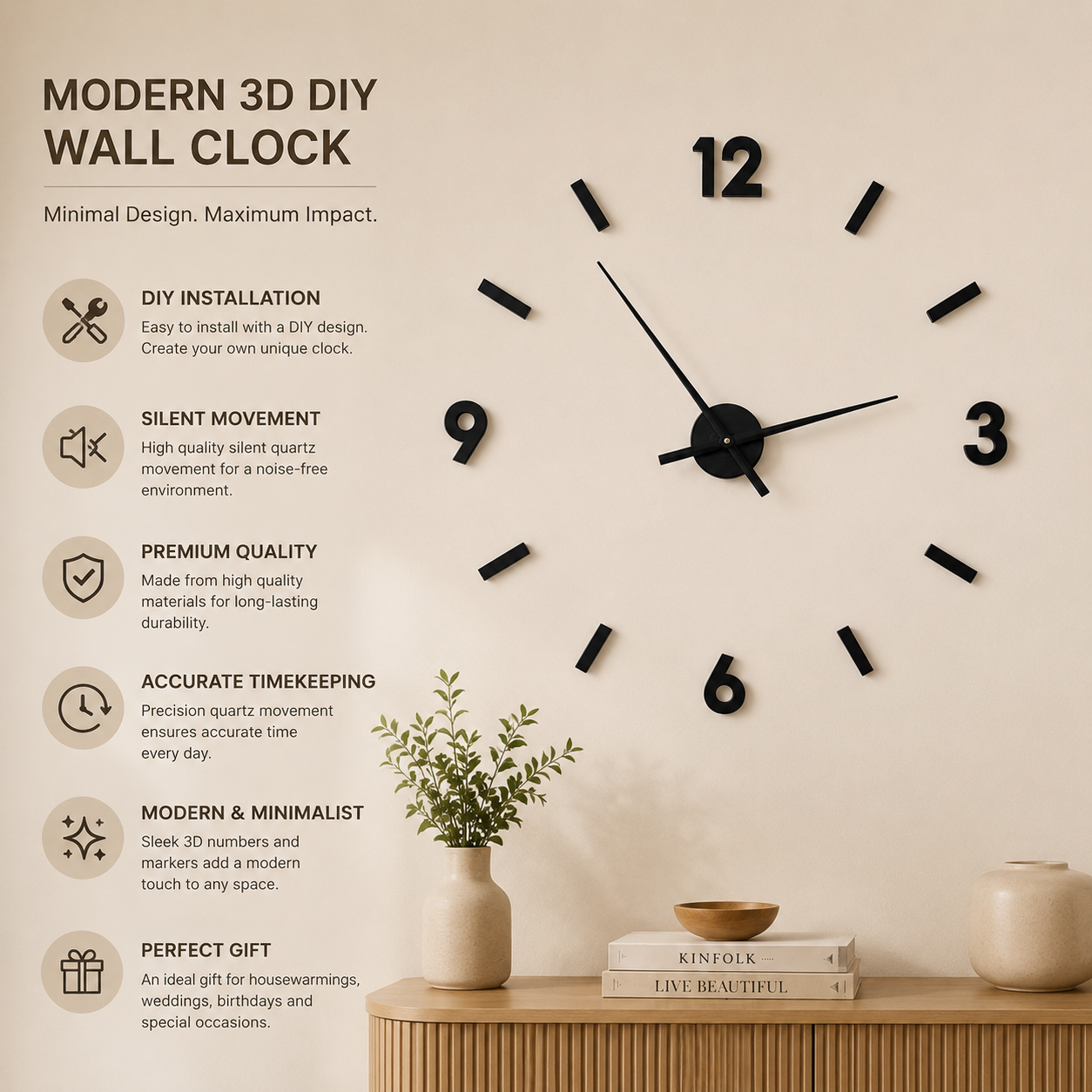 Minimalist 3D DIY Wall Clock – Modern Silent Home Decor Clock